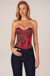 Bandeau Lace Up Corset Top in Rose Leopard Print
