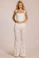 Sheer Lace Mid Rise Flared Trousers in Pearl