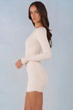 Modal Boat Neck Draped Long Sleeve Mini Dress in Ivory