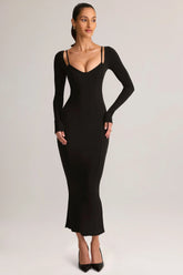 Modal Peekaboo Long Sleeve Midi Dress in Black