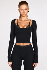 Ribbed Modal Long Sleeve Laced Bra Top in Black