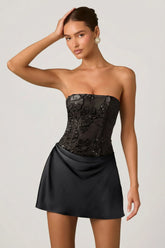 Embellished Draped Strapless A Line Mini Dress in Black