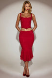 Lace Mid Rise Fluted Midi Skirt in True Red
