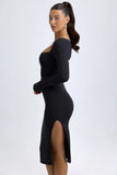 Modal Square Neck Long Sleeve Midi Dress in Black