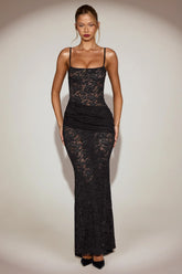 Sheer Lace Square Neck Ruched Gown in Black