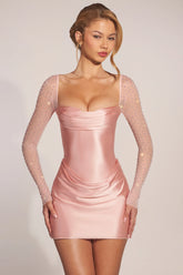 Embellished Long Sleeve Draped Mini Dress in Blush Pink