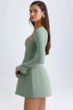 Square Neck Structured Tulip Mini Dress in Khaki Green
