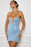 Embellished Sweetheart Neck Mini Dress in Light Blue