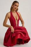 Halterneck Bow Detail Midi Dress in True Red