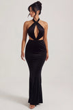 Velvet Halter Neck Maxi Dress in Jet Black