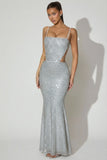 Embellished Cut Out Gown in Silver