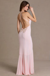 Chiffon Cowl Neck Open Back Gown in Baby Pink