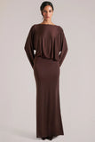 Long Sleeve Draped Maxi Dress in Chocolate Brown