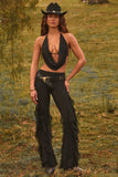 Ruffled Mid Rise Flared Trousers in Black