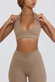 Brushed Jersey V Neck Sports Bra in Mocha Marl