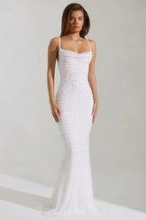 Embellished Cowl Neck Backless Maxi Dress in White