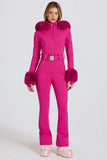 Waterproof Faux Fur Hood Fitted Ski Suit in Magenta Pink