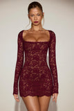 Sheer Scalloped Lace Long Sleeve Mini Dress in Wine Red