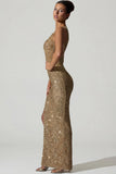 Embellished Asymmetric Cut Out Gown in Gold