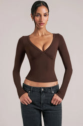 V Neck Long Sleeve Top in Chocolate Brown