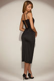 Lace Soft Scoop Corset Satin Midaxi Dress in Black
