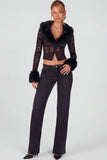 Sheer Lace Faux Fur Trim Cardigan in Black