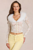 Lace Faux Fur Trim Cardigan in Ivory