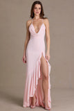 Chiffon Cowl Neck Open Back Gown in Baby Pink