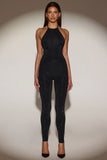 Embellished Jersey Halterneck Jumpsuit in Black