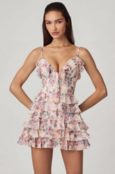 Ruffled Lace Up A Line Mini Dress in Primrose Floral Print