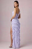 Asymmetric Ruffled Lace Up Gown in Lilac