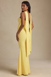 Scarf Detail Strapless Gown in Pastel Yellow