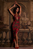 Halterneck Split Hem Midaxi Dress in Rose Leopard Print
