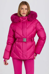 Waterproof Faux Fur Hood Ski Jacket in Magenta Pink