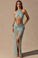 Cut Out Halterneck Maxi Dress in Seafoam Green