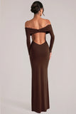 Off Shoulder Long Sleeve Maxi Dress in Chocolate Brown