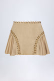 Lace Up Mid Rise Mini Skirt in Tan