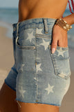 Star Print Raw Edge Denim Shorts