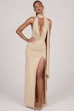 Soft Jersey Plunge Halterneck Maxi Dress in Champagne