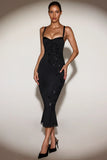 Embellished Peekaboo Fluted Hem Midaxi Dress in Black