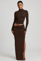 Modal Asymmetric Waist Maxi Skirt in Chocolate Brown