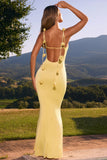 Slinky Jersey Floral Appliqué Gown in Pastel Yellow