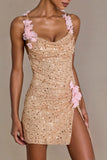 Embellished Open Back Mini Dress in Gold