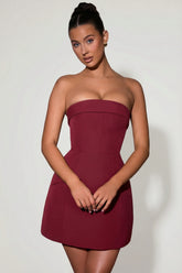 Foldover Neck Strapless Structured A Line Mini Dress in Wine Red