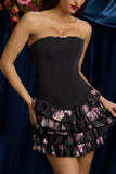 Strapless Ruffled Tiered Corset Mini Dress in Black Floral Print