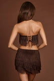 Fringed Mid Rise Mini Skirt in Chocolate Brown