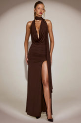 Soft Jersey Plunge Halterneck Maxi Dress in Chocolate Brown