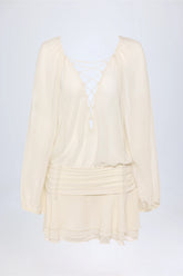 Lace Up Balloon Sleeve Mini Dress in Ivory