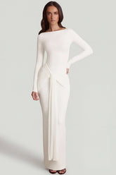 Soft Jersey Boat Neck Tie Gather Maxi Dress in White