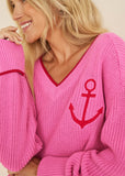 Anchor V Neck Sweater Hot Pink